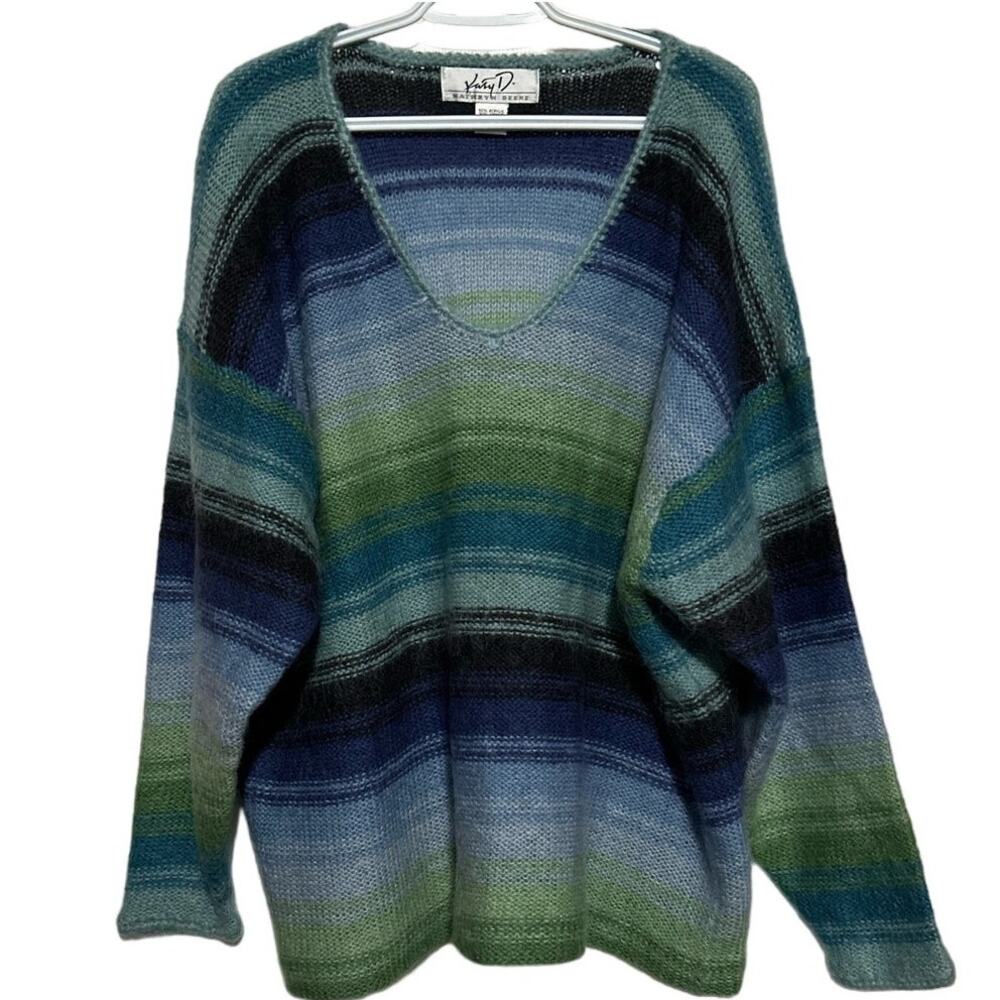 Kathy Deene Women's Blue Green V-Neck Long Sleeve 50% Mohair Sweater Size 22/24